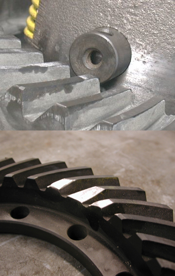 Getting a cross pin shaft to clear a thick gear - In many cases it is necessary to grind one or more teeth on a ring gear in order to reinstall the cross pin in many c-clip style rearends. In most cases this will not interfere with the contact pattern of the gear or decrease the strength in any way as long as it is done properly. In some rare instances you may need to grind as much as ¼ of one or two teeth away. Although we have seen vehicles run with half of a ring gear or pinion tooth missing, we do NOT recommend pushing your luck that far. However, we have no problem running a gear-set in our own vehicles with 1 4 of tooth ground off of the toe or 1 8th of the heel of one or two of the ring gear teeth. 

Gear grinding should always be done on the bench top, not while gear is installed. This is to avoid getting metal and other contaminants into the housing or differential carrier. In most cases you will only need to grind about 1 8” off the corner of the tooth. After the desired amount of material is removed, you need to use a medium grit 3M disk to round the edges and remove any burrs. Be sure to clean a gear thoroughly before you reinstall it into the housing.
